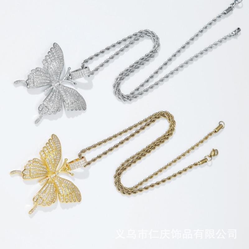 Iced Out Butterfly Pendant Necklace For Men/Women Gold Plated Stainless Steel Hip Hop JewelryButterfly Pendant