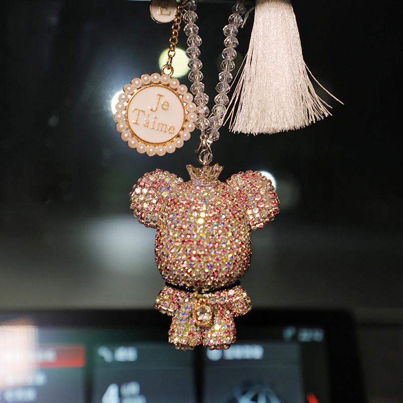 Fashion Crystal Cartoon Gloomy Bear Car Hanging Ornaments Rhinestone Tassels Crystal Pendant Rear View Mirror Car Decoration