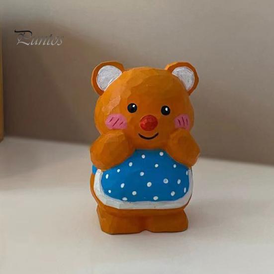 Hand Carved Basswood Bear Ornament Hand-Carved Ornament, Cute Apron Wood Decorative Figurine, Handcrafted Figure Statue for Desktop Shelf And
