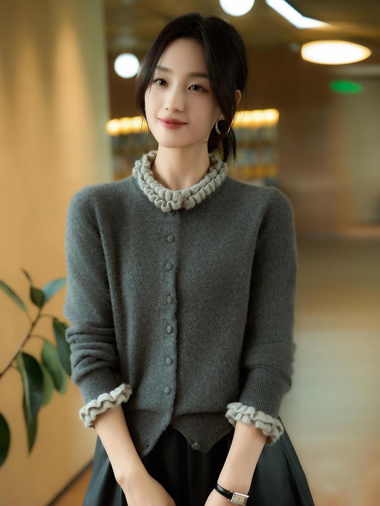 Women's Pure Wool Lace Ruffle Collar Knit Cardigan with Color Block Design