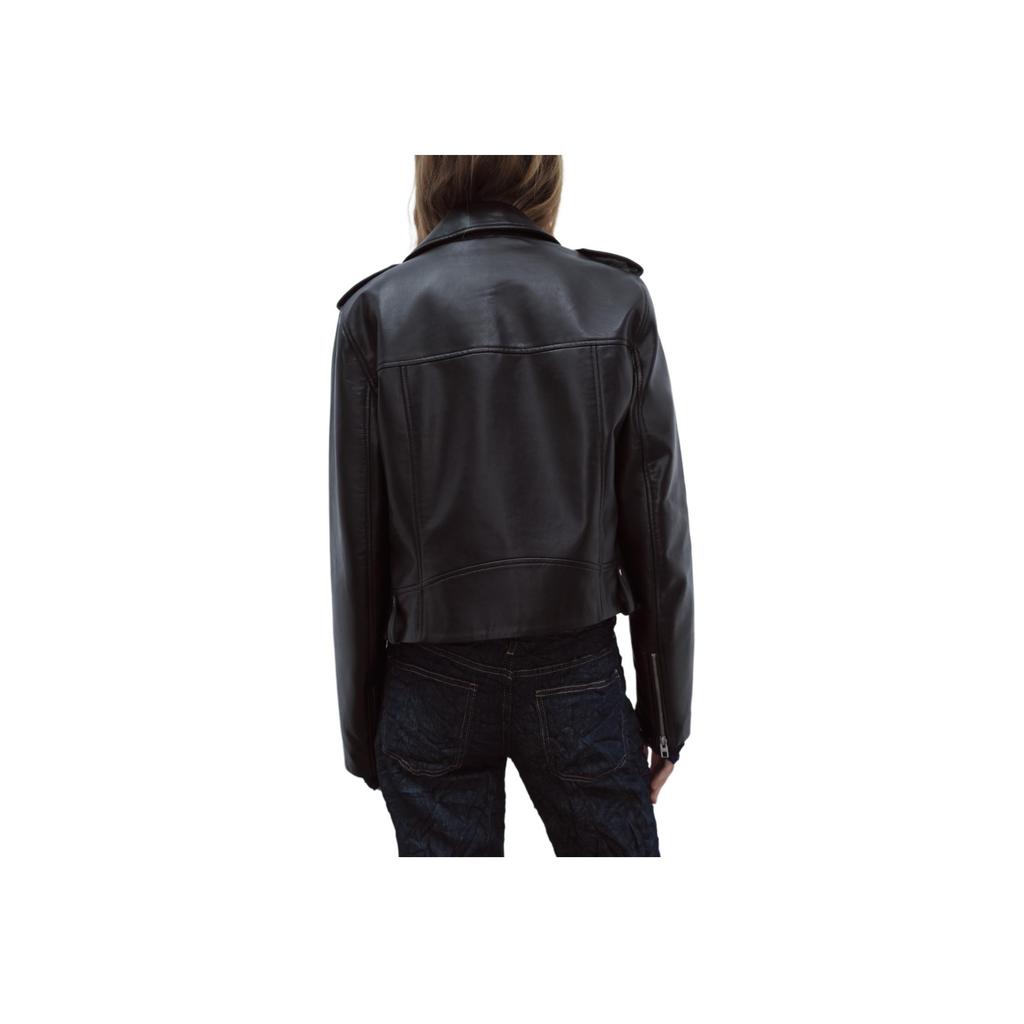 Zara Solid Color Lapel Faux Leather Motorcycle Casual Long Sleeve Jacket Women jackets Black 4341759-800