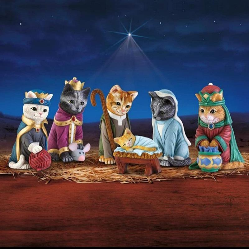 6Pcs Cat Nativity Figurines Set, Resin Kitten Christmas Decor, Cute Cat Themed Nativity Scene Ornaments, Funny Holiday Home Decor Gift