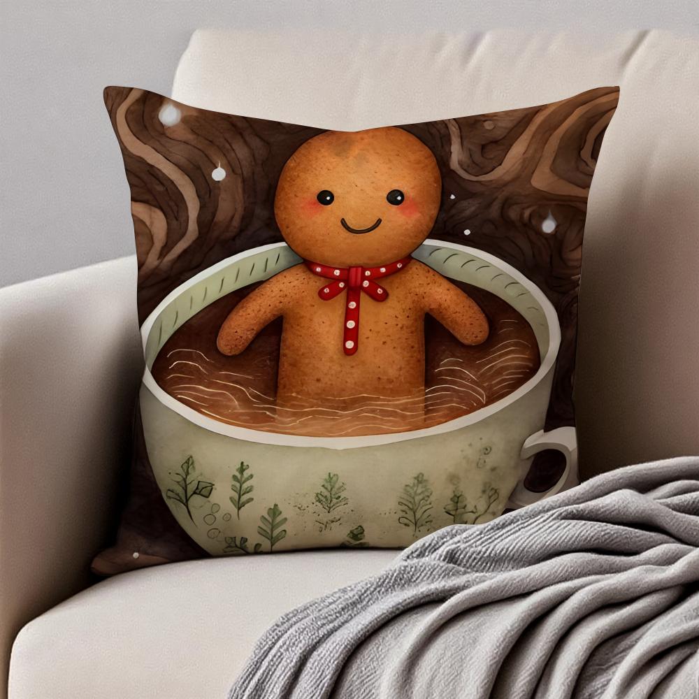 Christmas Gingerbread Man Fun Holiday Cushion Cover Pillowcase Antidustmite Invisible Zipper Short Plush Sofa Cushion
