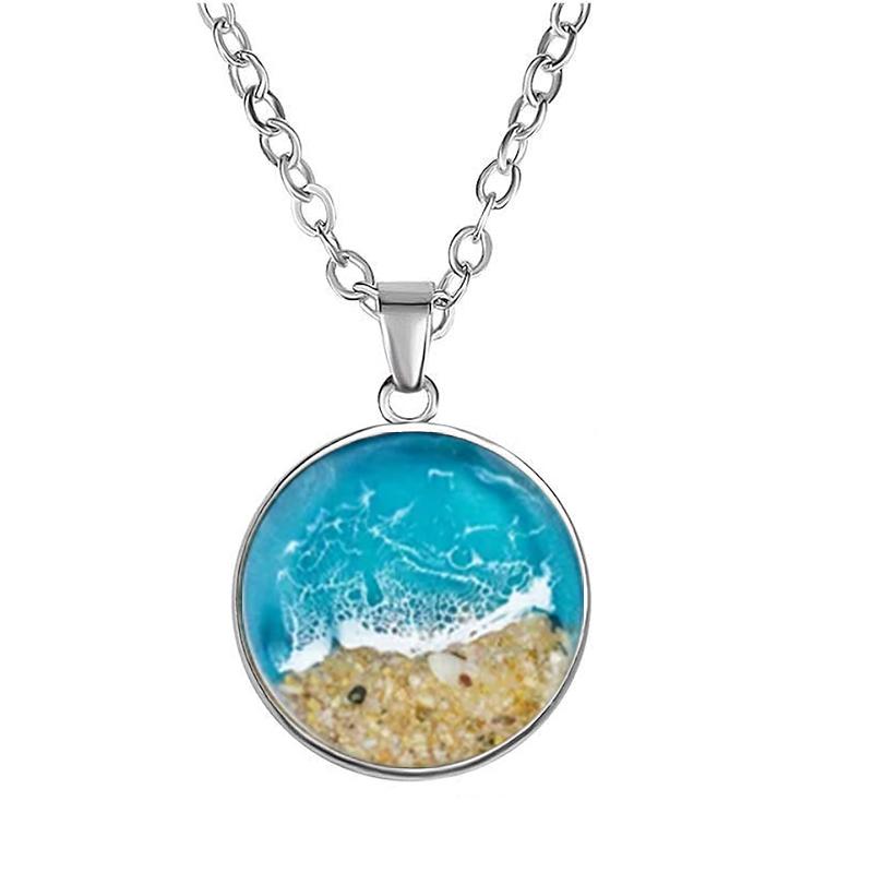 Fashion Round Blue Sea Wave Beach Glass Dome Pendant Necklace For Women Summer Ocean Jewelry