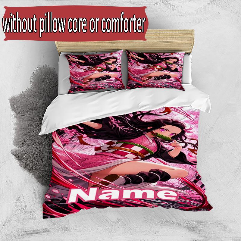 3pcs Duvet Cover Set (1*Duvet Cover + 2*Pillowcase, Without Core), Custom Name Demon Slayer Pattern Bedding Set, Home Bedroom Decor Gift
