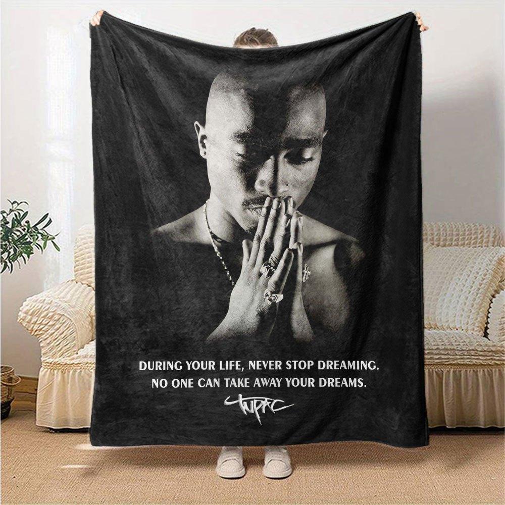 1pc 2Pac Hip Hop Blanket Soft Lightweight All Season Multi Purpose Throw for Sofa, Bed, Office & Picnics, French Style with Iconic Album Art & Quotes