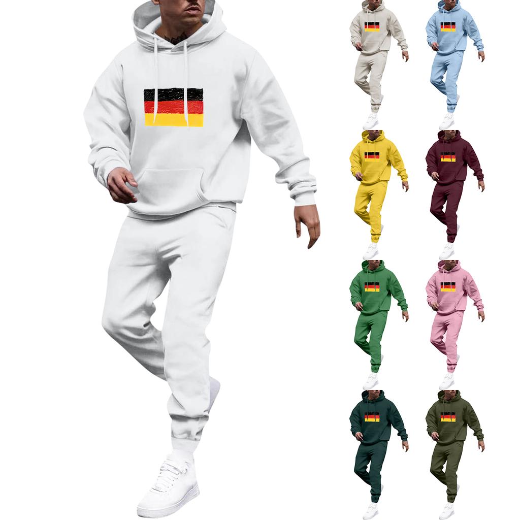 Men's Solid Color Flag Print Hooded Universal Versatile Hooded Sweatshirt Sweatpants Casual Sports Suit