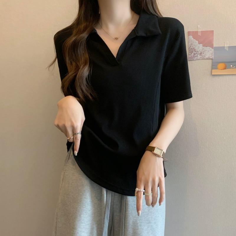 Women's White Ribbed Polo Shirt Short-Sleeve Slim-Fit Casual V-Neck Daily Top