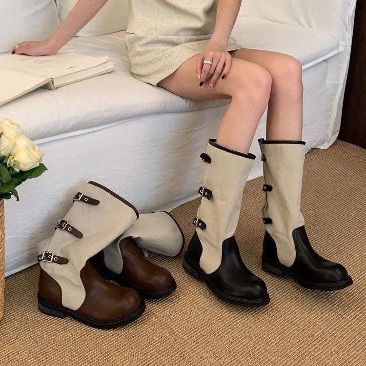 Retro Summer Cowboy Boots Heap Thick Heel Fashion Wide Tube Boots Splicing Knight Boots Women's New Western Round Head