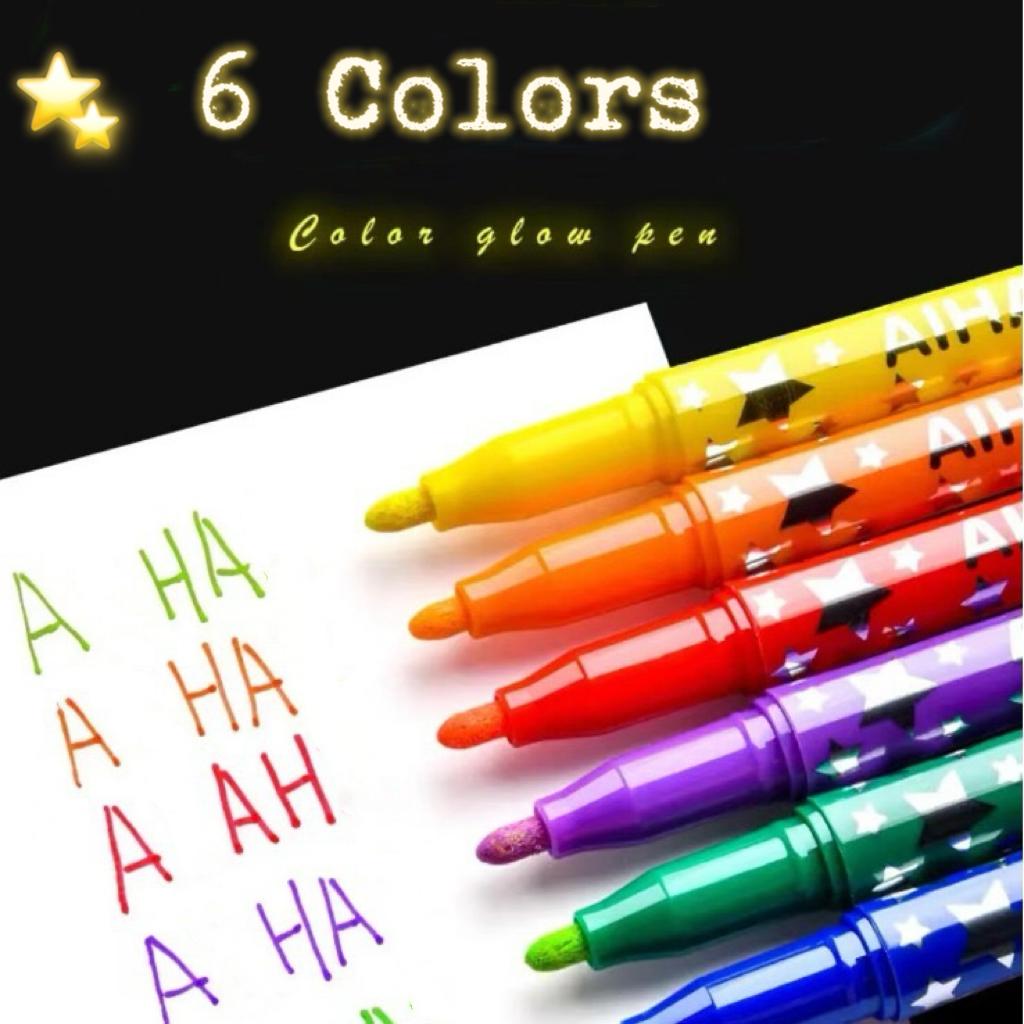 6-Piece Set of Colorful Night-Glow Highlighter Pens, Illuminate Your Dark Creations!