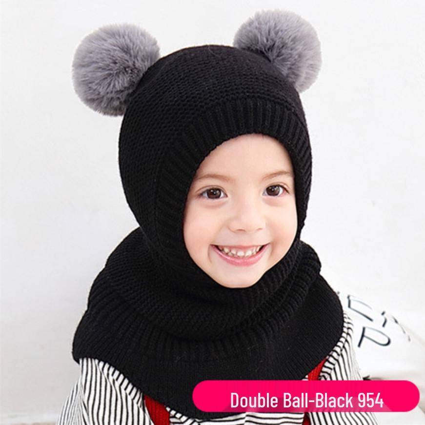 Koreaanse Stijl Kinder Dubbele Pompon Oorflappen Hoed & Eendelig Sjaal Set (Herfst/Winter 2025 Collectie)