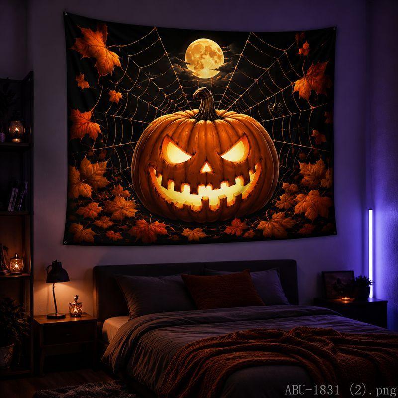 Halloween Tapestry, Pumpkin Spider Web, Black Cat Moon Print Wall Hanging, Bedroom Party Wall Decoration