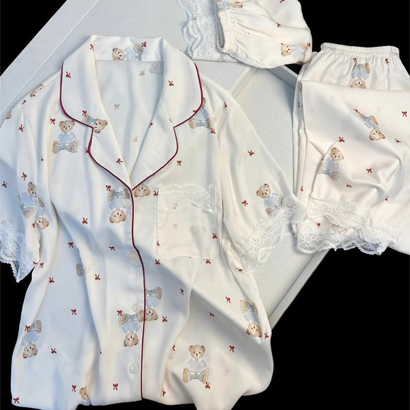 Lace Lace Bear Three-Piece Spring Imitation Silk Thin Short-Sleeved Short Trousers Loungewear