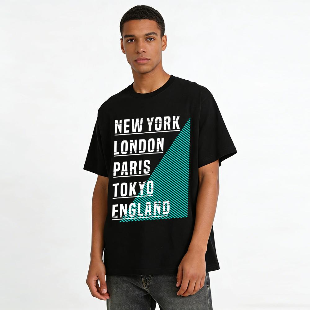 Vintage Island Stripe Print Casual T-Shirt Unisex Loose Breathable Top Pure Cotton T-shirt