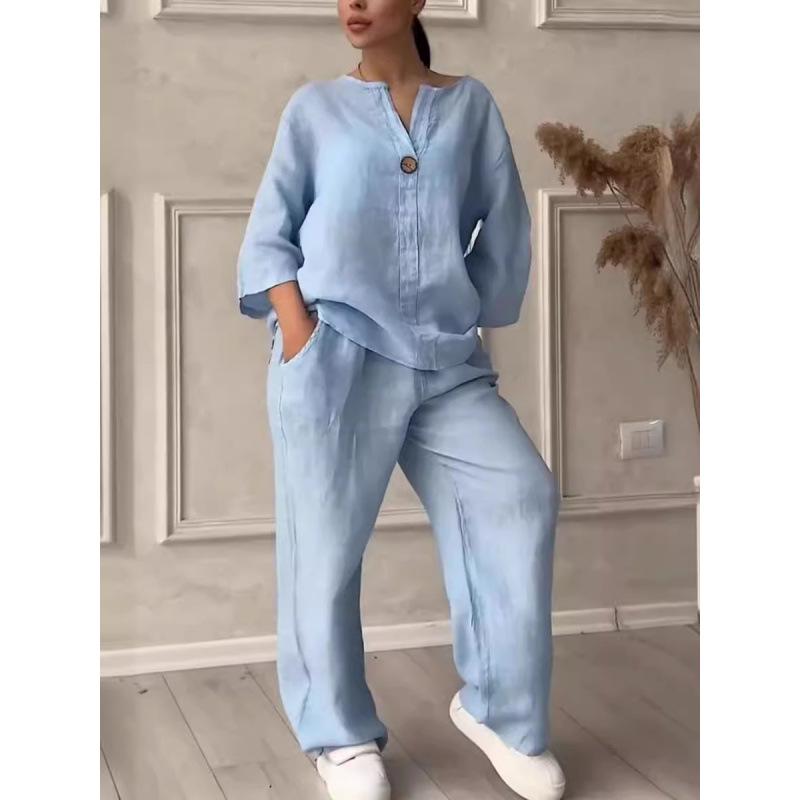 Evropská a americká letní móda 2025, dámská souprava s výstřihem do V a dlouhým rukávem, bavlna a len