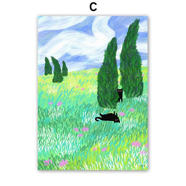 Fashion Colorful Cat Vase Leaf Flower Illustration Wall Art Canvas Painting Abstract Plant Posters Prints Pictures for Kids Room