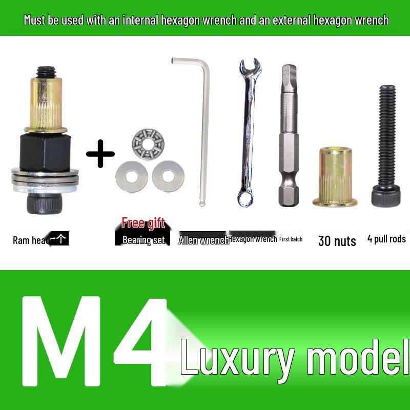 Multi-Purpose Electric Rivet Tool with Manual Wrench and Nut Head Attachment