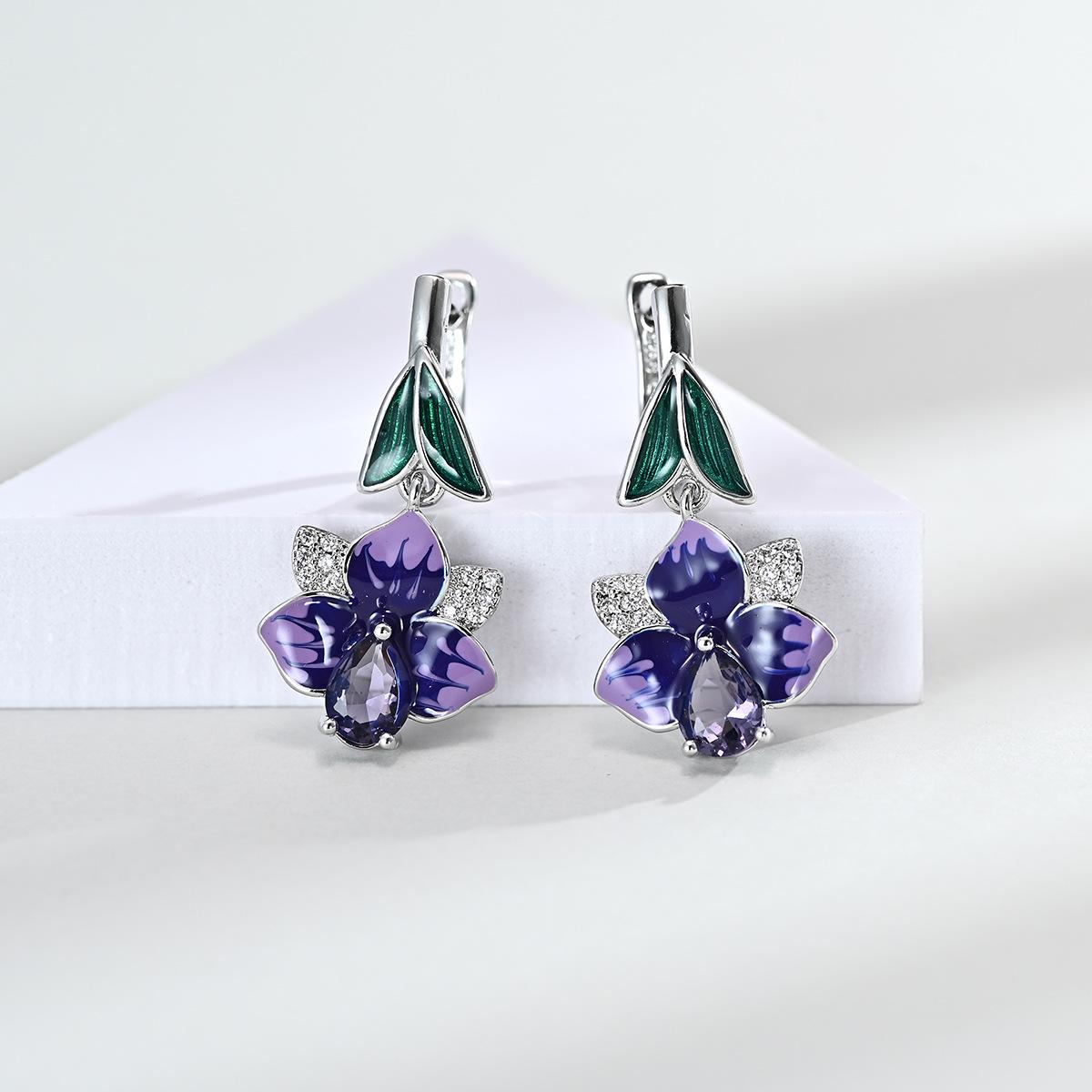 Русский Цветочный Эмалевый Клуазонне Ювелирный Набор: Темно-фиолетовые серьги, кольцо, кулон и ожерелье для женщин