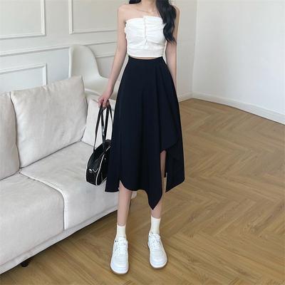 חצאית שחורה לא סדירה נשים אביב קיץ מותן אלסטיות דק באורך בינוני חצאיות מטרייה בתוספת מידות בגדי וינטג' Y2k