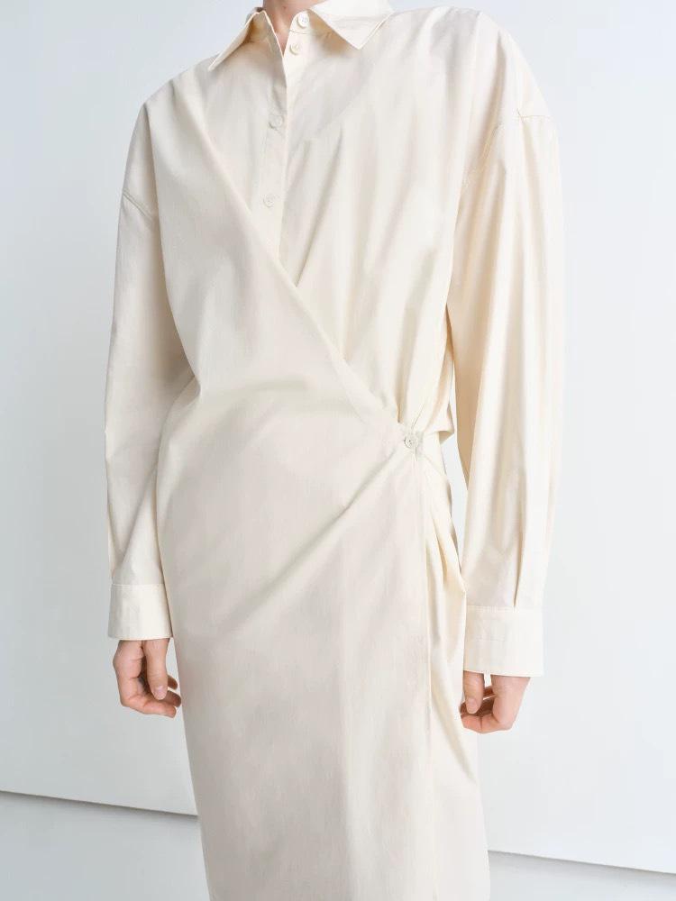 Aktuelles Lemire Frühjahrsankunft Lockerer Revers Diagonale Knöpfe Langarm Hemdblusenkleid für Damen