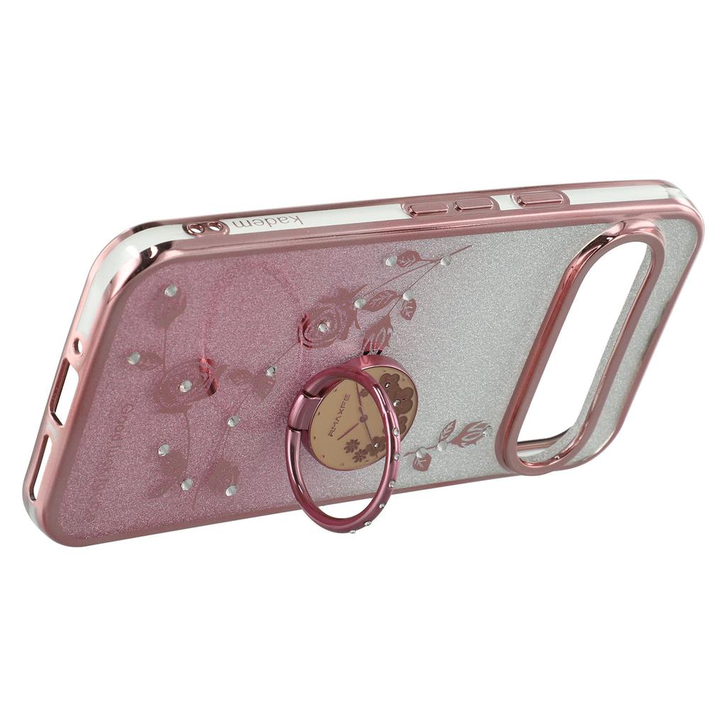KADEM For Google Pixel 9 Pro Case Ring Kickstand Rhinestone Flower TPU Anti-Scratch Phone Cover