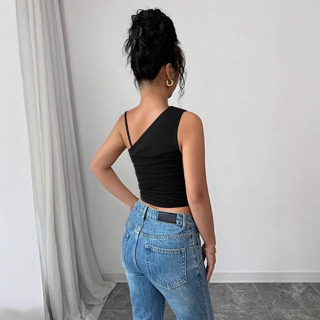 European and American summer sexy single shoulder suspender women's small top hot-selling slanted shoulder backless fashion short top