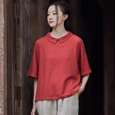 Frauen Pullover Leinen T-Shirts Einfarbig drehen-unten Farbe Kurzarm Sommer Lose Beiläufige Weibliche T-Shirts