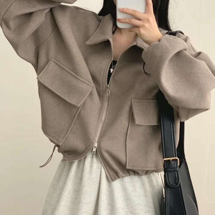 Korean chic autumn and winter French age reduction lazy loose double pocket zipper lapel drawstring waist short coat women