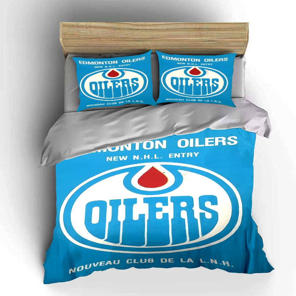 Edmonton Oilers Blue and White Logo Design Print Bedding Set Duvet Cover Pillowcases (1* Duvet Cover 2* Pillowcases Do Not Include Comforter)