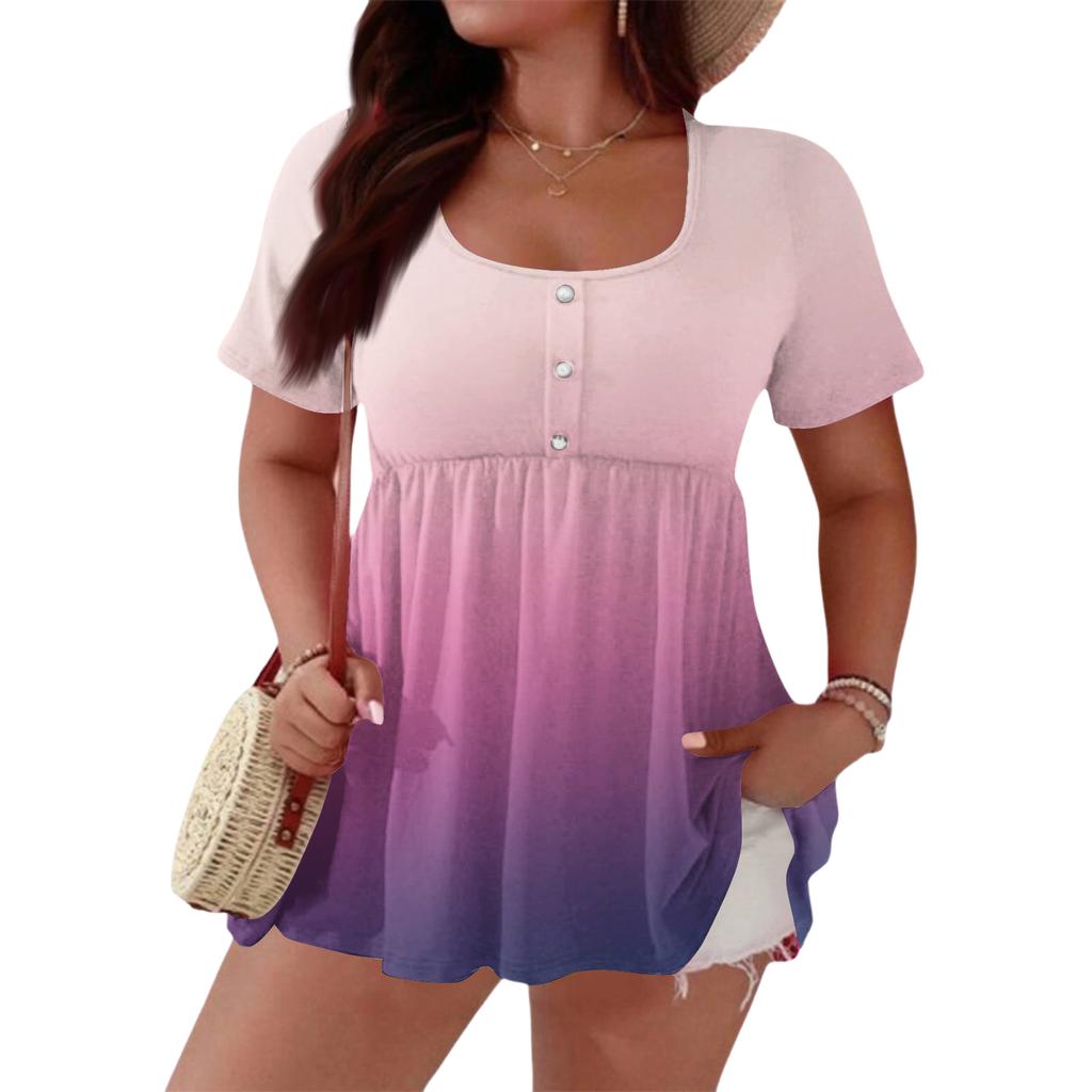 Women's Fashionable Casual Short Sleeve Loose Fit Button Front Printed Blouse