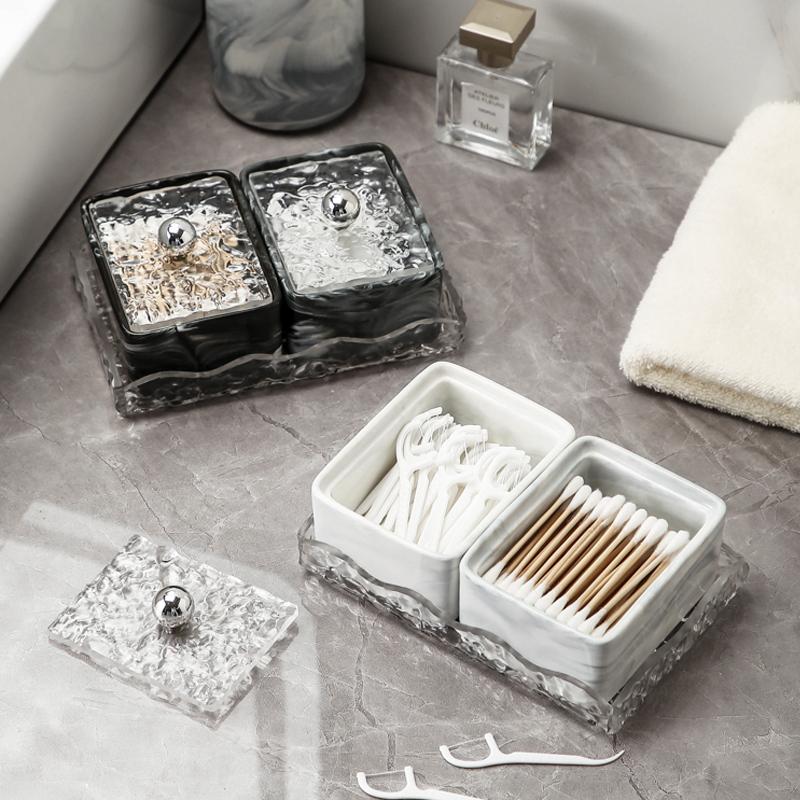 Ceramic Cotton Swab Jar Bathroom Table Marble Cotton Washcloth Storage Box Transparent Lipstick Finishing Box Home Decoration