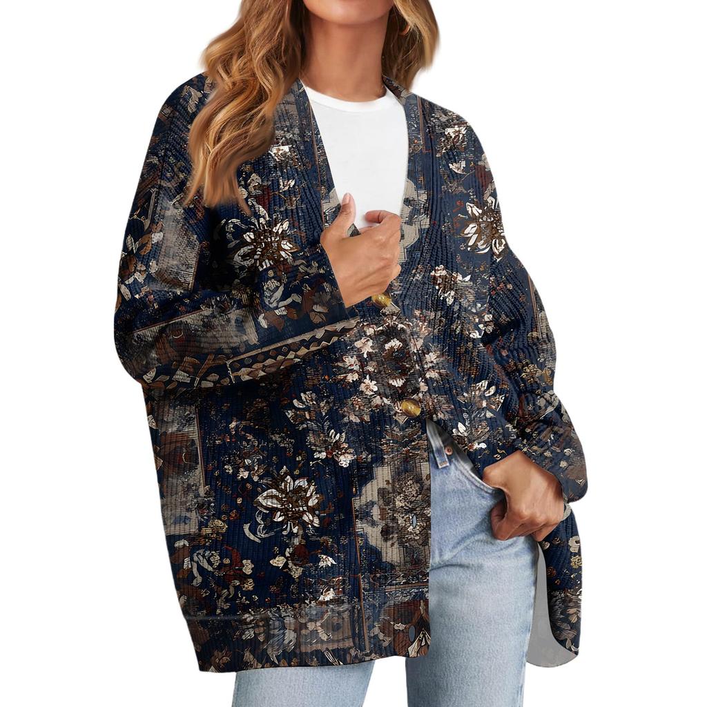 Women's Fashion Long Sleeve Print V-Neck Button Loose Cardigan Top