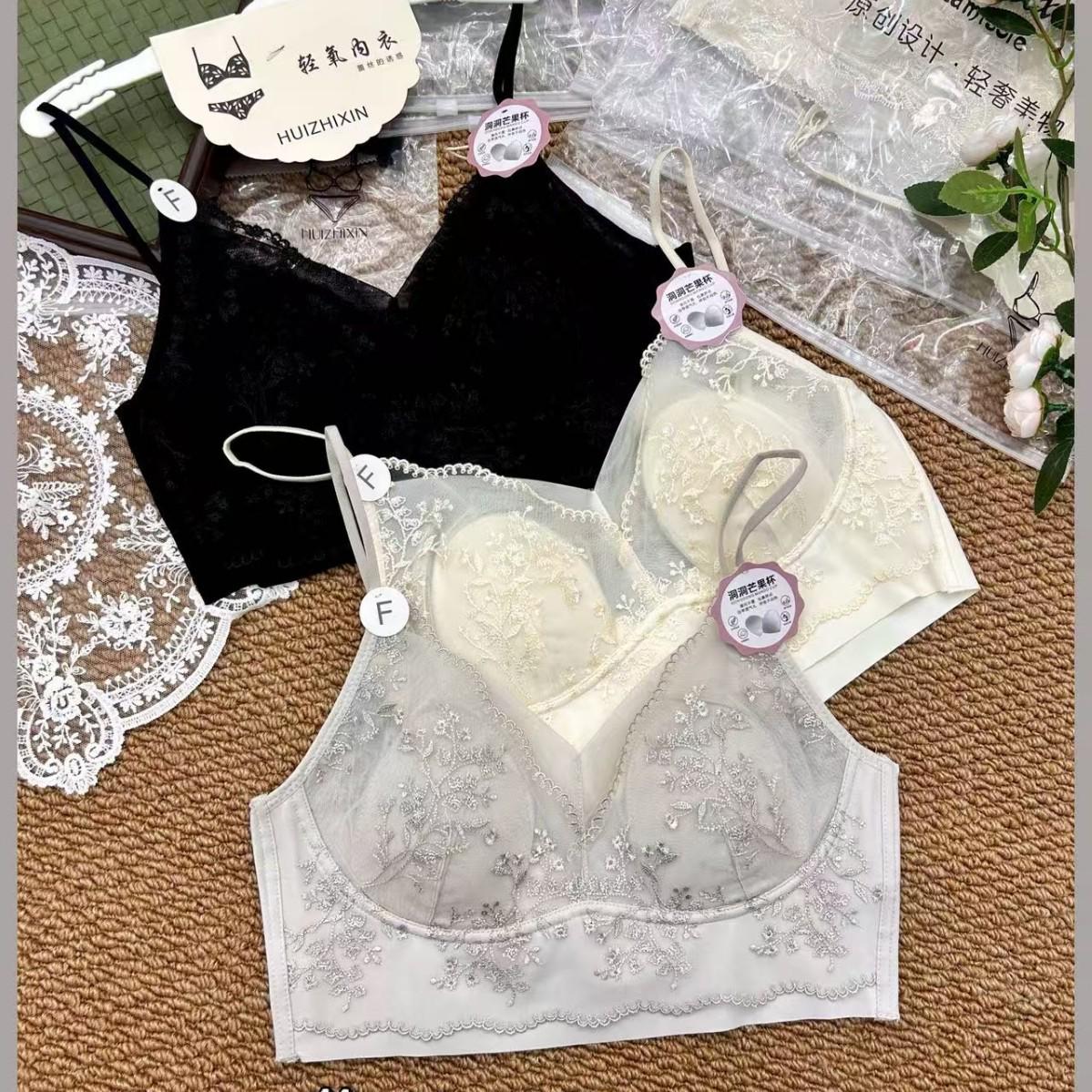 Summer Crystal Lace Embroidered V-Neck Bandeau Bra with Quick-Dry Fixed Cups One Size серый