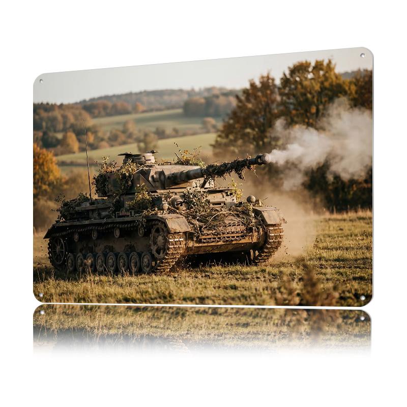 Camouflaged Tank Firing In Field Metal Poster Customized Wall Art Retro Vintage Metal Signs for Man Cave Room Ornaments House