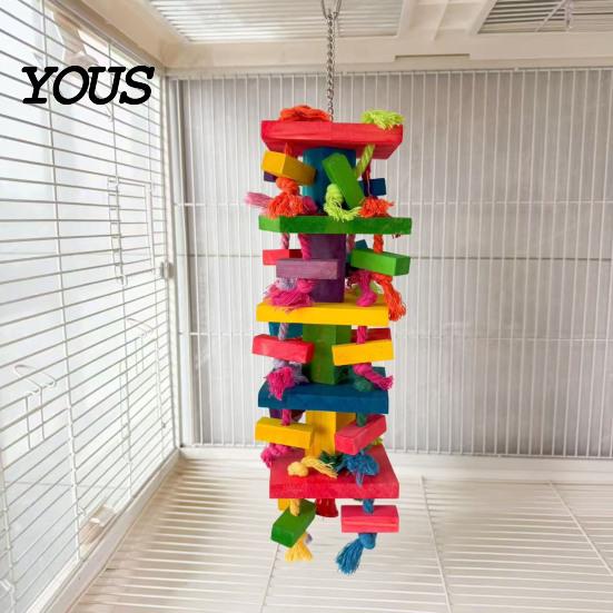Durable Parrot Toy Chewing for Macaws African Greys, Colorful Wooden Block Puzzle with Cotton Rope Bird Tassels, Hanging Interactive