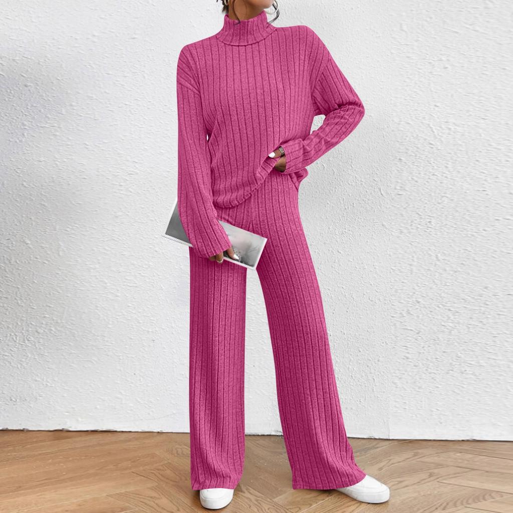 Women's Fashion Solid Color High Collar Long Sleeve Top Elastic Waist Casual Pants Two Piece Set