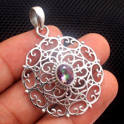 Mystic Topaz Silver Pendant, Filigree Pendant, 925 Sterling Silver Handmade Jewelry, Women Jewelry
