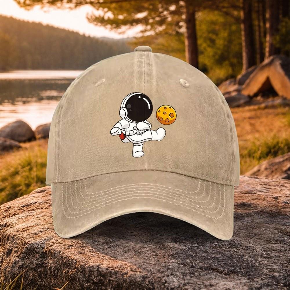 Astronaut Kicking Moon Print Washed Baseball Cap Adjustable Cotton Casual Outdoor Sports Hat