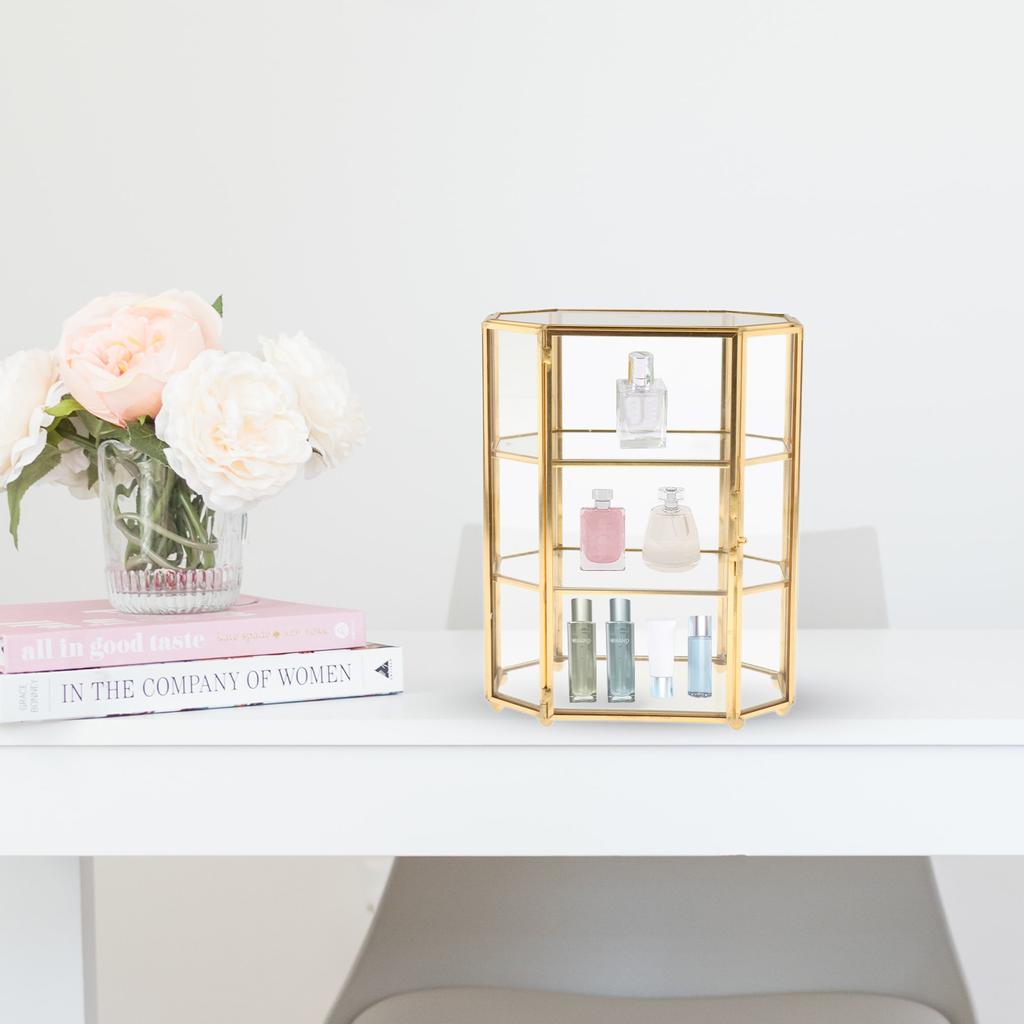 Glass Vintage Jewelry Box Octagon Jewelry Display Organizer Vanity Cabinet Decor Keepsake Cosmetic Makeup Storage Jewelry Box