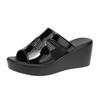 Small Size 32-43 Cutout Patent Leather Shoes Women Wedges Slippers Summer 2025 Outside Medium Heels Platform Slides Office Beach