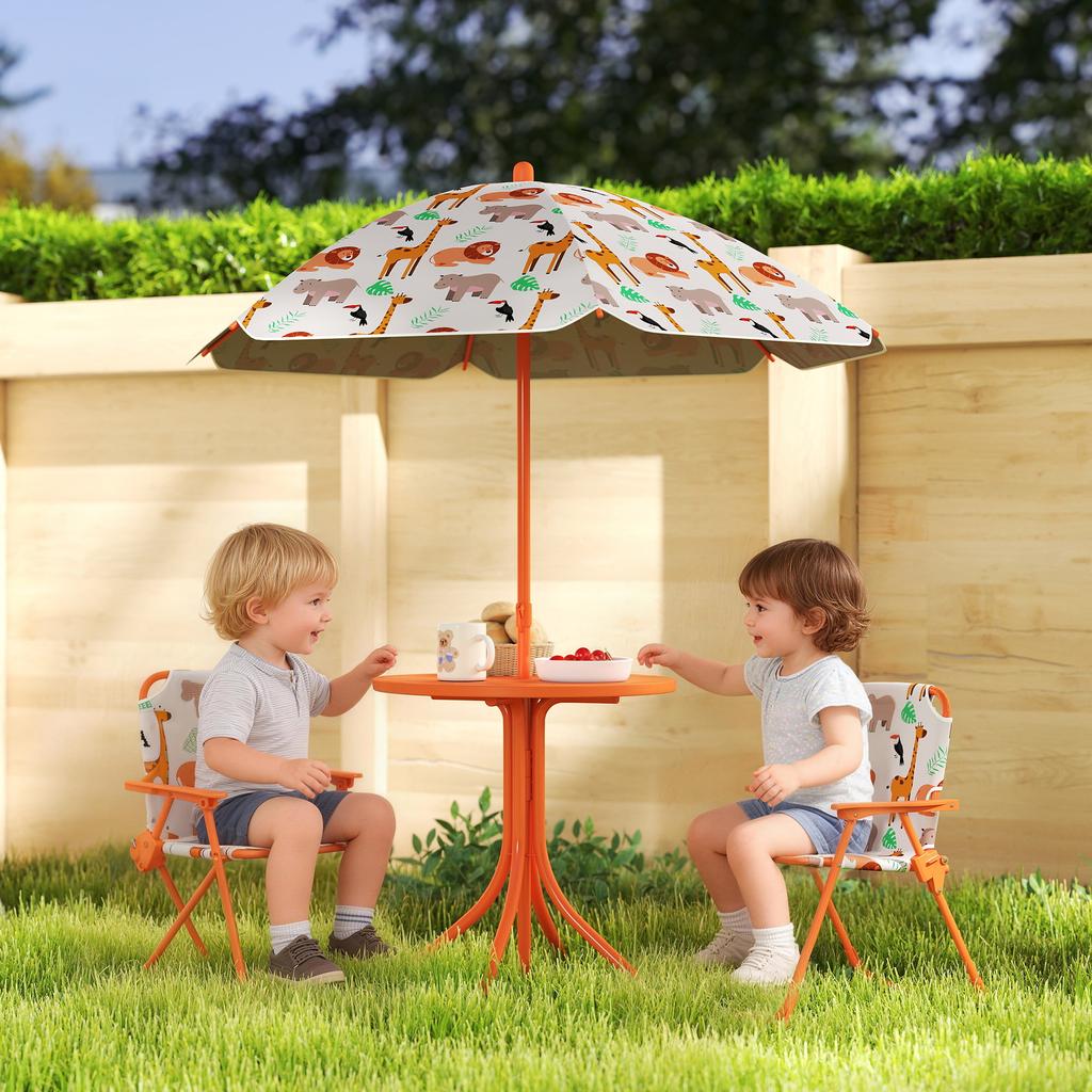 Children's Garden Furniture Set, Table, 2 Folding Chairs, 100 Cm Parasol, Animal Print, Orange