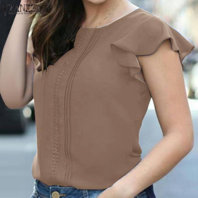 

ZANZEA Женская летняя повседневная свободная блузка с круглым вырезом и оборками на рукавах