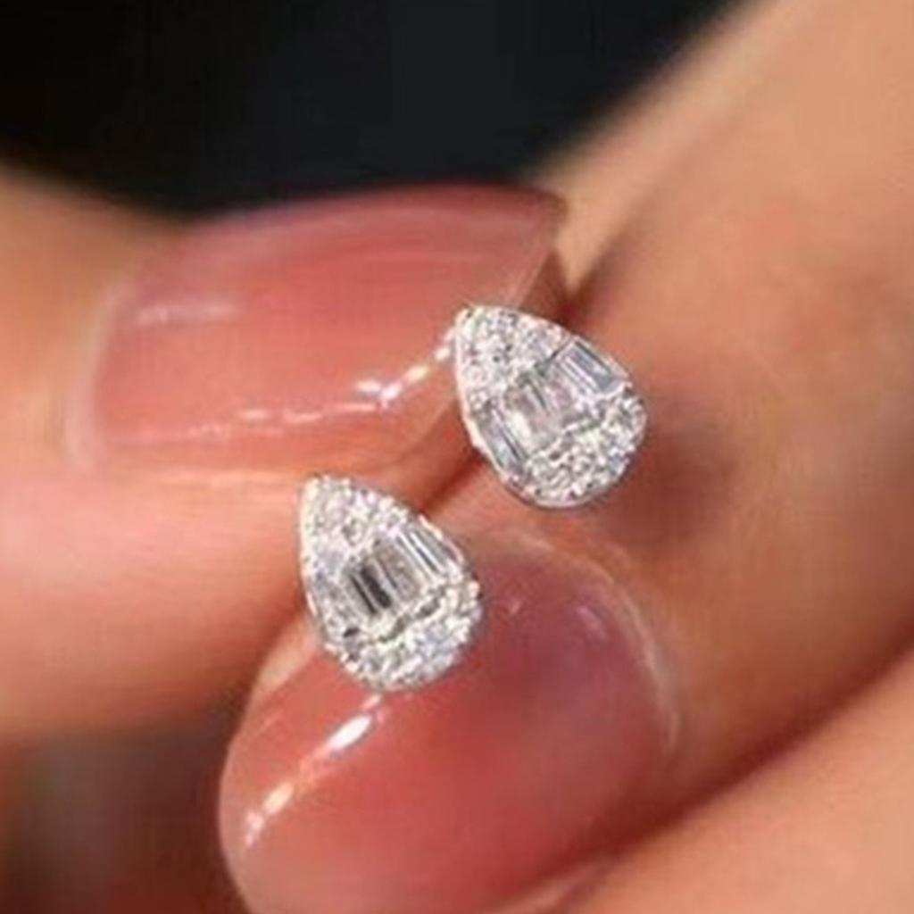 Teardrop Shape Mixed Round and Baguette Stone Halo Stud Earrings Two Tone Option Women Ear Jewelry