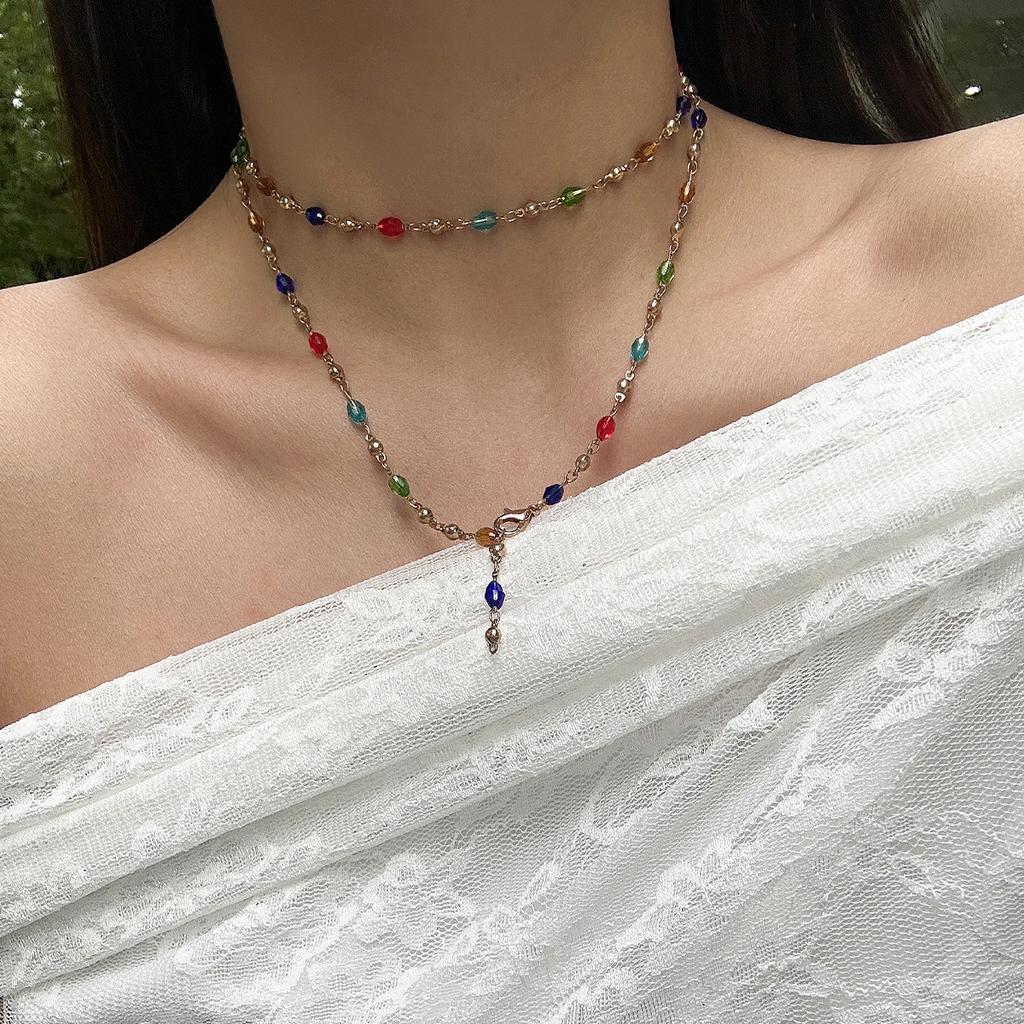Fashion Colored Oil Drop Pendant Stacked With Long Necklace, Cold Wind Metal Chain Rhinestone Necklace