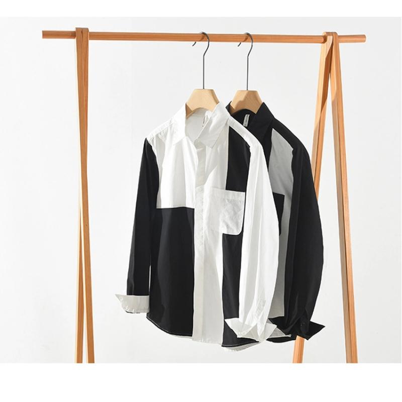 Korean Fashion Men Long Sleeve Shirt Youth Streetwear Patchwork Shirt with Pocket Spring Fall Lapel Collar Pure Cotton Casual Tops Male