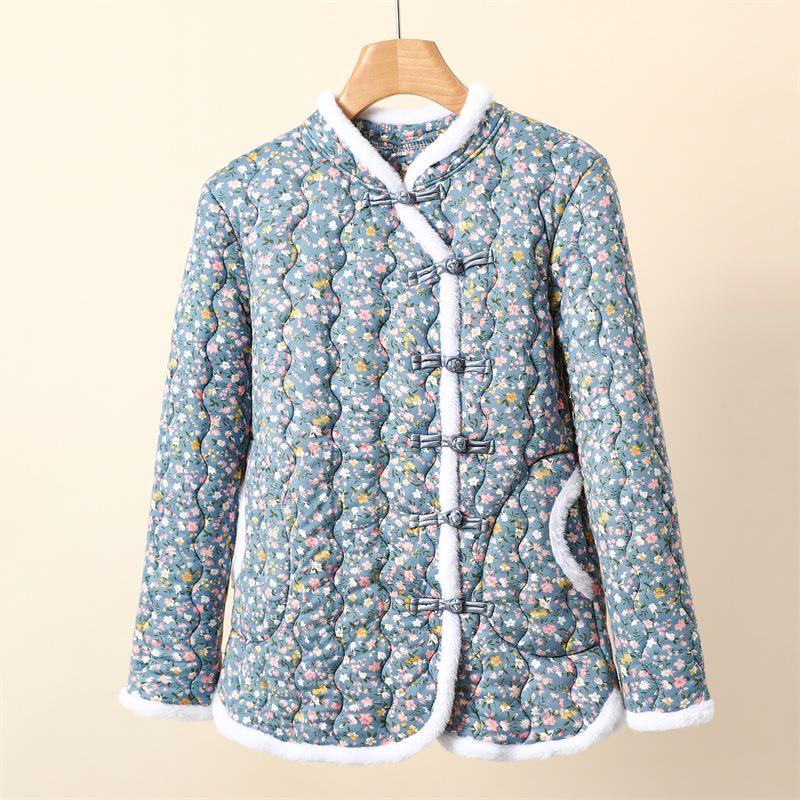 

2024 Женская хлопковая куртка с цветочным принтом в китайском стиле: Плотная модель на пуговицах для осени и зимы 5XL (120–135 jin)