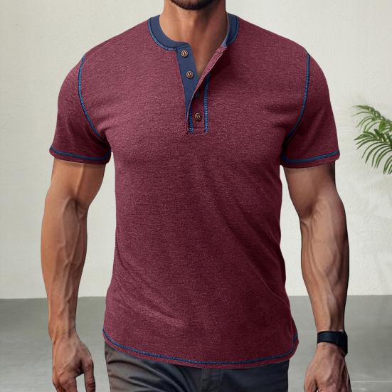 Мужская футболка с воротником на пуговицах, цветная футболка с коротким рукавом, летняя повседневная футболка с круглым вырезом для спортзала, уличных путешествий S вино красного