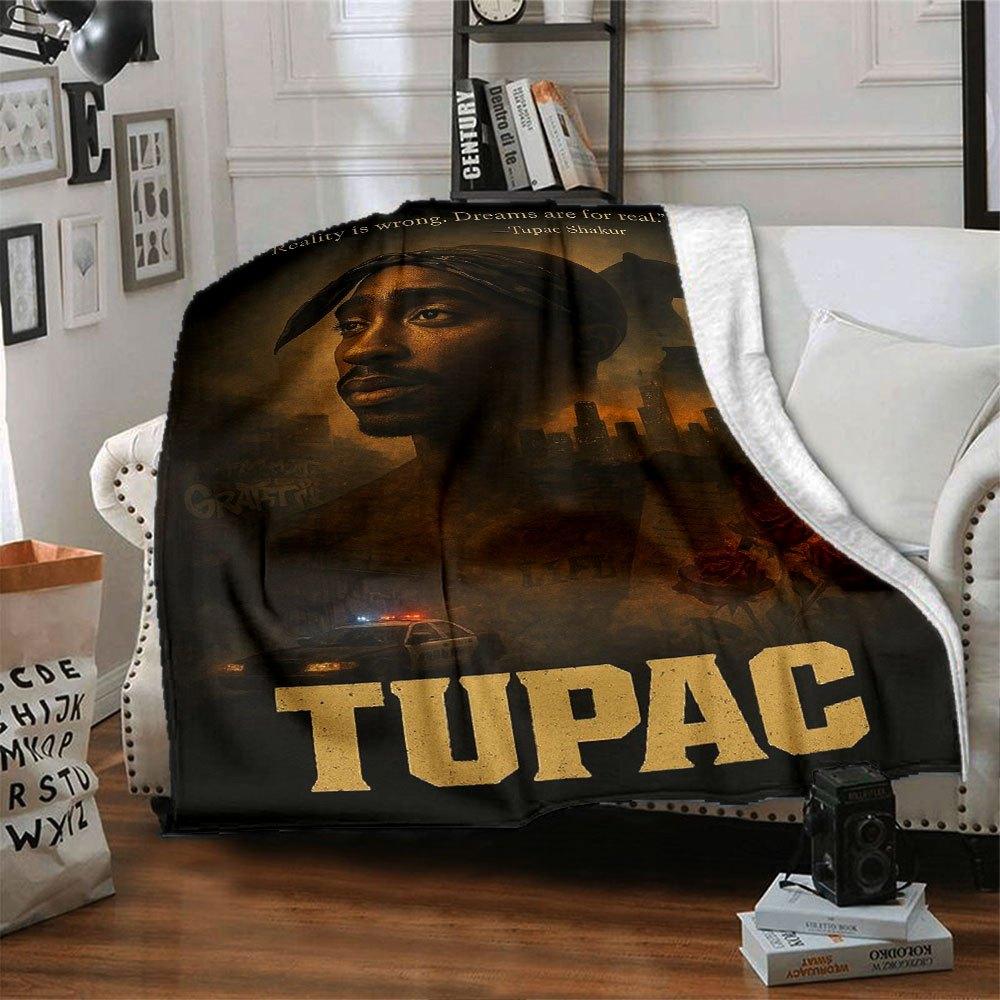 1pc 2PacHip Hop Blanket Soft Lightweight All Season Multi Purpose Throw for Sofa, Bed, Office & Picnics, French Style with Iconic Album Art & Quotes
