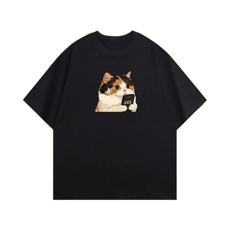 Men's Funny Cat Meme T-Shirt Sad Calico Cat Print Casual Streetwear Oversized Tee