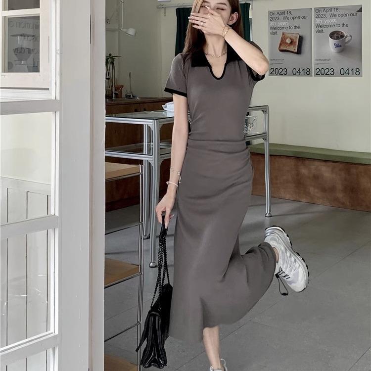 2026 Summer Polo Collar Knit Dress - Women's Slimming A-line Short Sleeve Long Dress